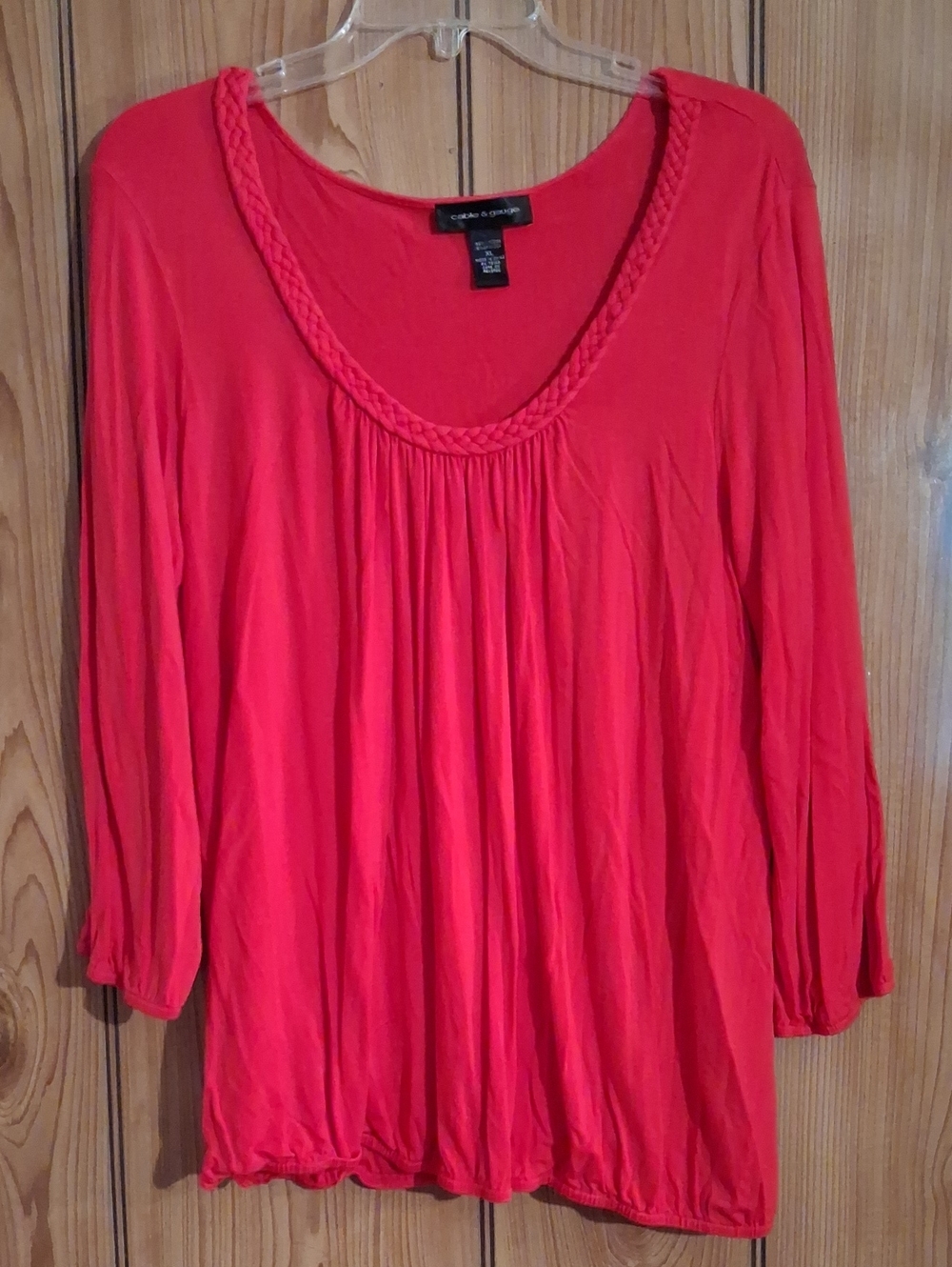 Cable & Gauge Braided Scoop Neck Long Sleeve Top in Red